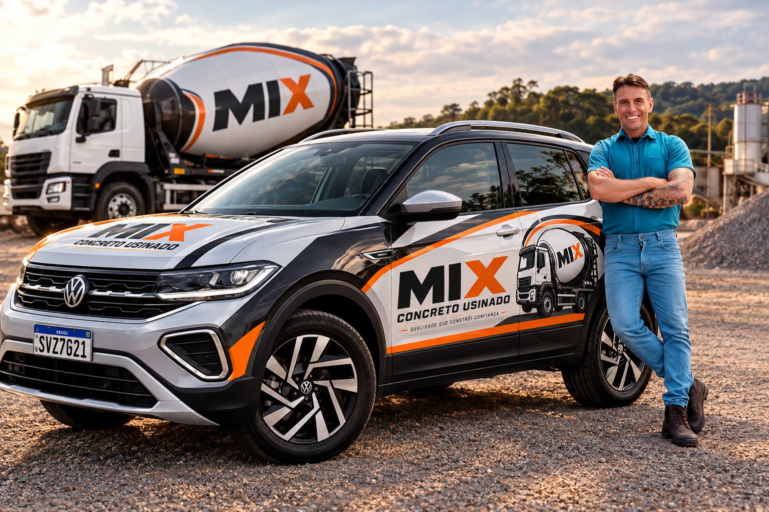 Celso, consultor da Mix Concreto, ao lado do carro da empresa e de um caminhão betoneira da Mix